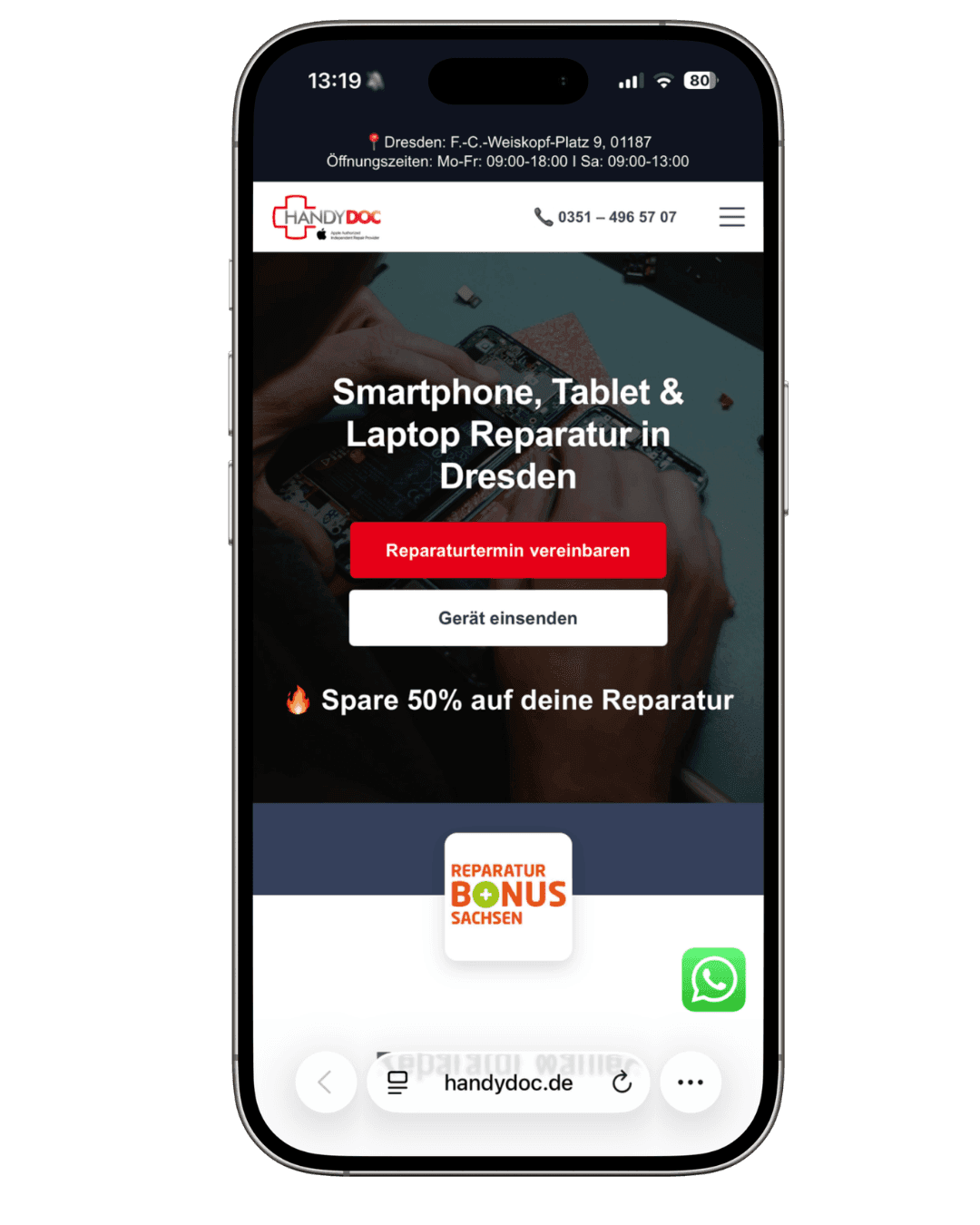 Mobile Ansicht der HandyDoc-Startseite auf einem Smartphone