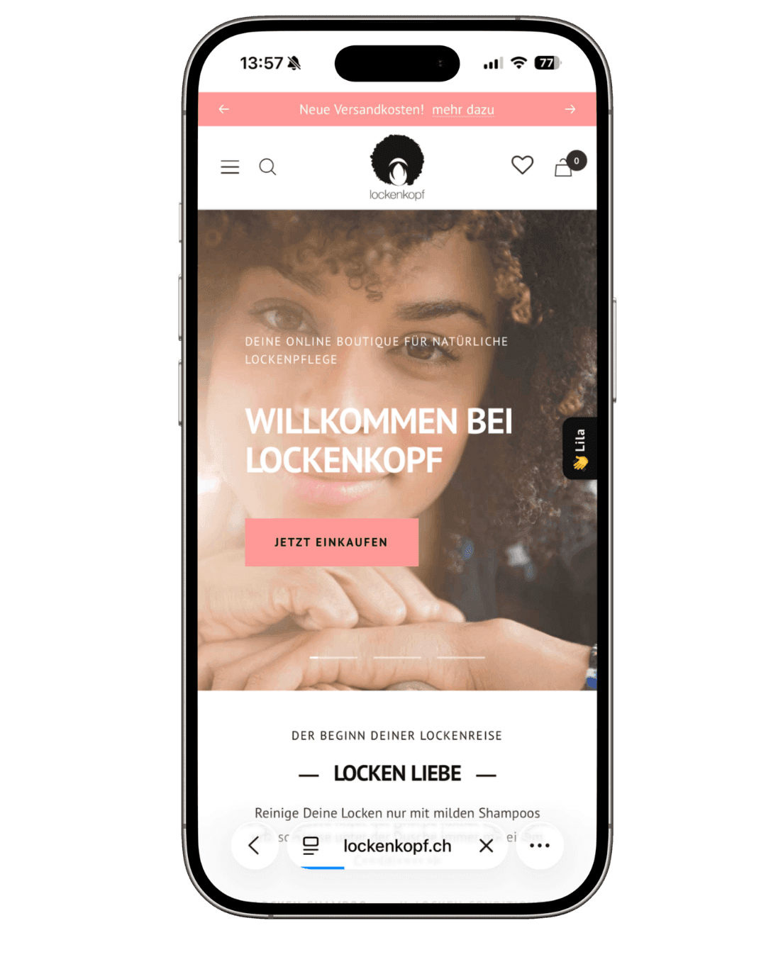Mobile Ansicht des Lockenkopf Onlineshops auf einem Smartphone