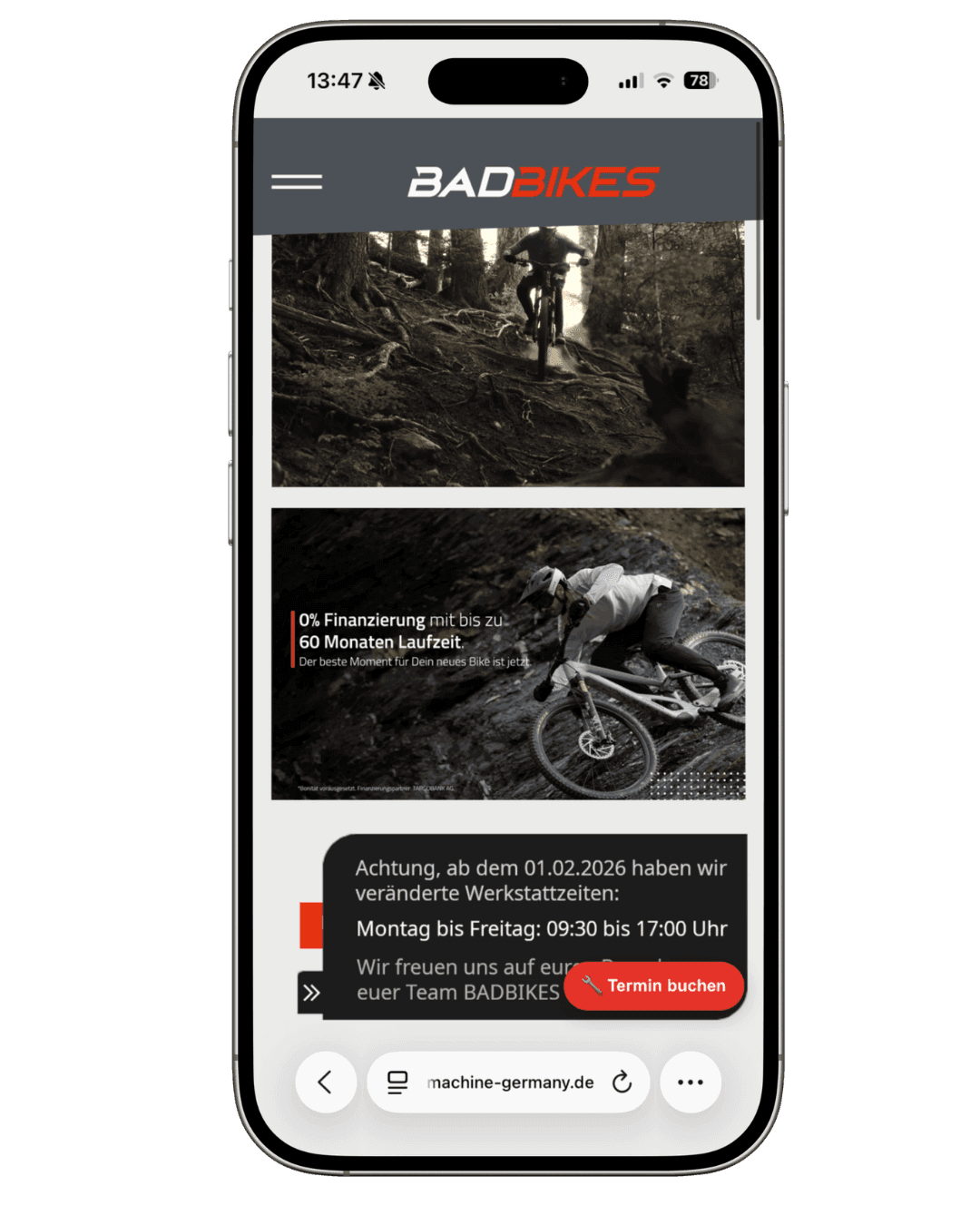 BADBIKES Onlineshop in der mobilen Ansicht Mobile Ansicht des BADBIKES Onlineshops auf einem Smartphone