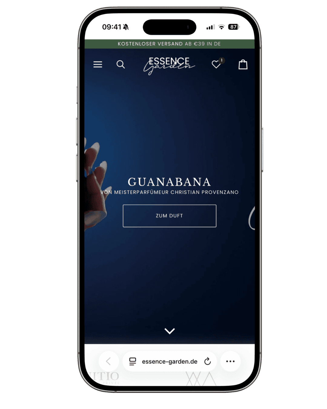 Mobile Ansicht des Essence Garden Onlineshops auf einem Smartphone