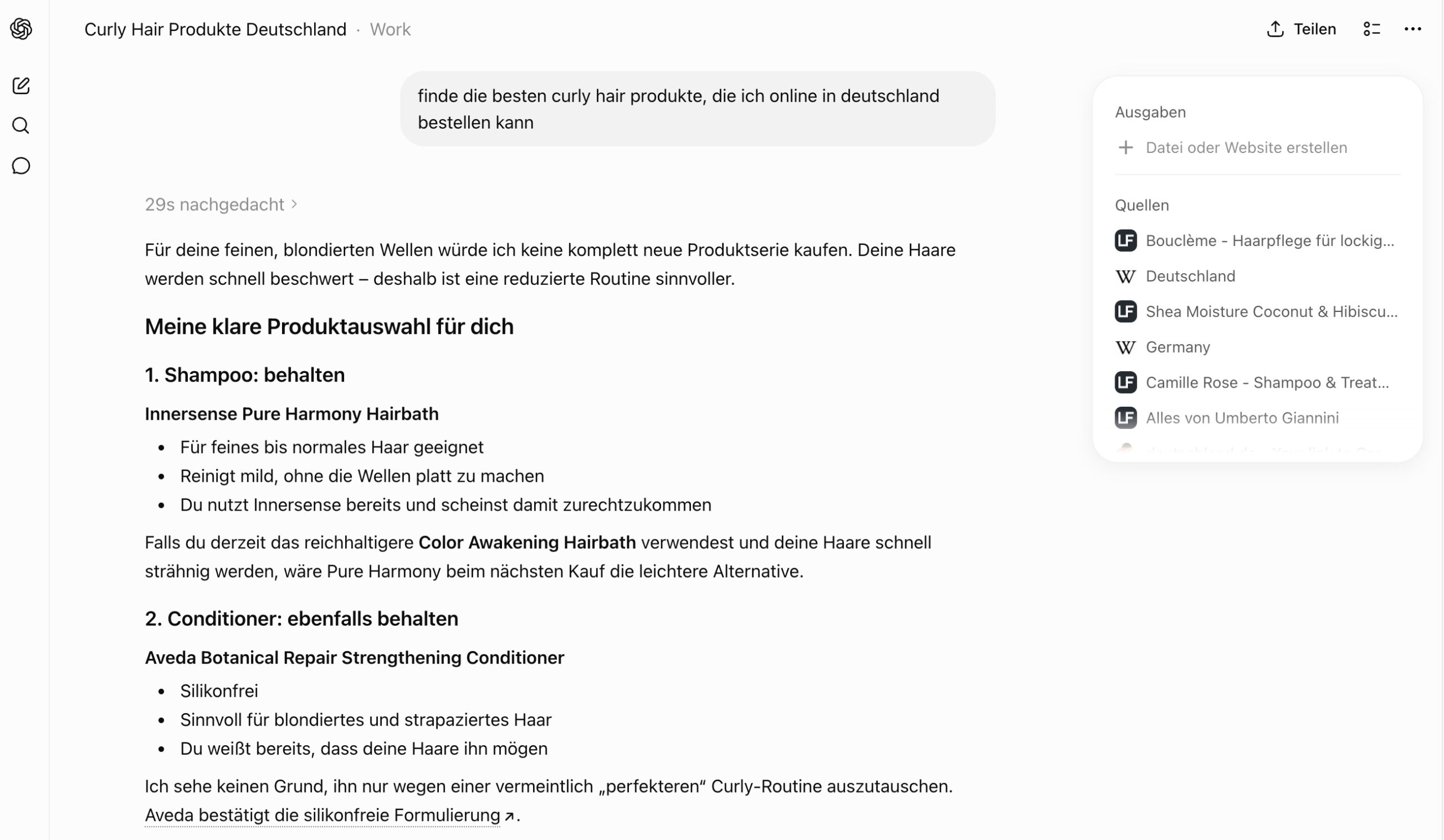 Beispiel einer ChatGPT-Websuche mit Quellenangaben