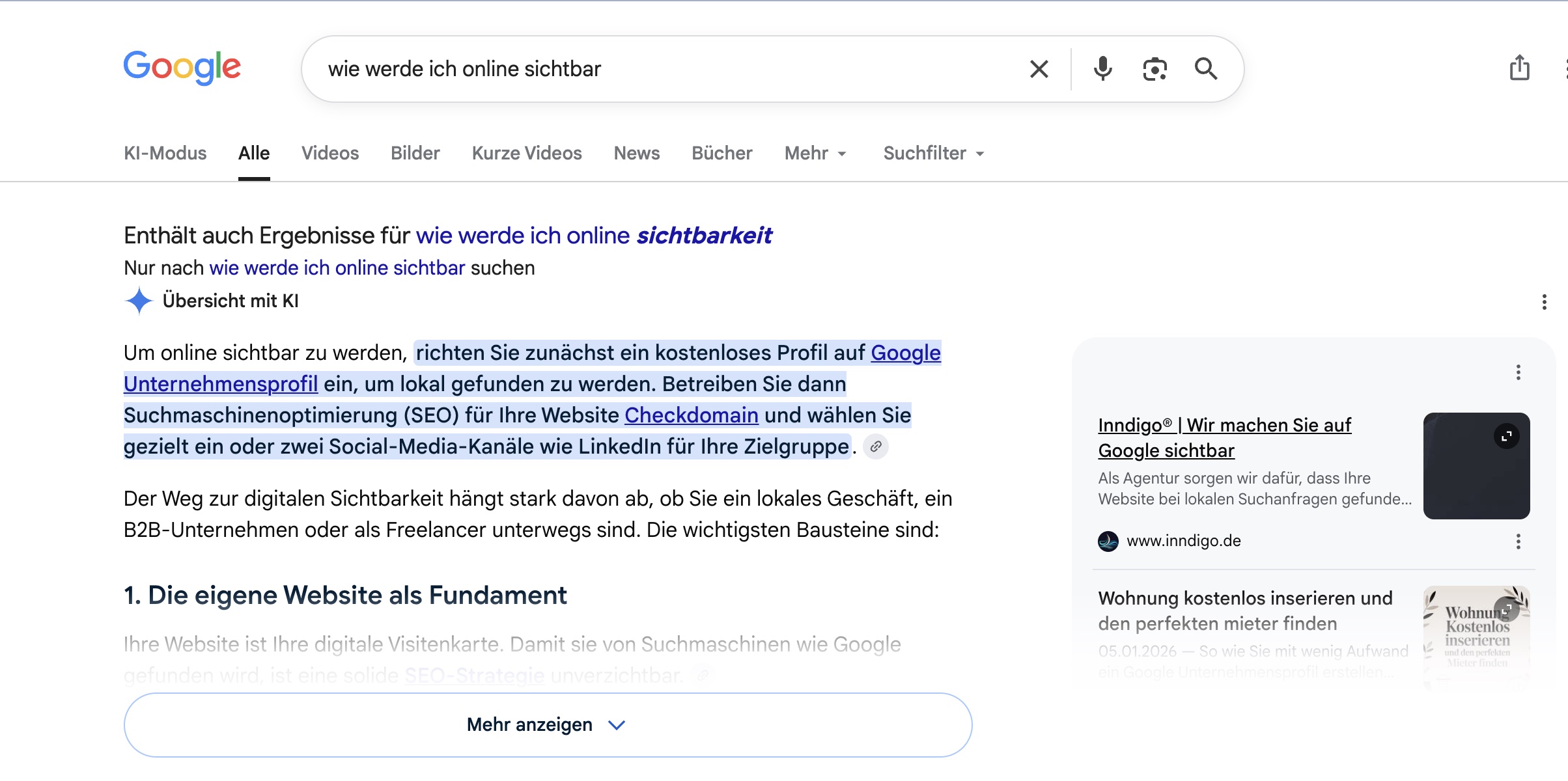 Beispiel eines Google AI Overview in den Suchergebnissen